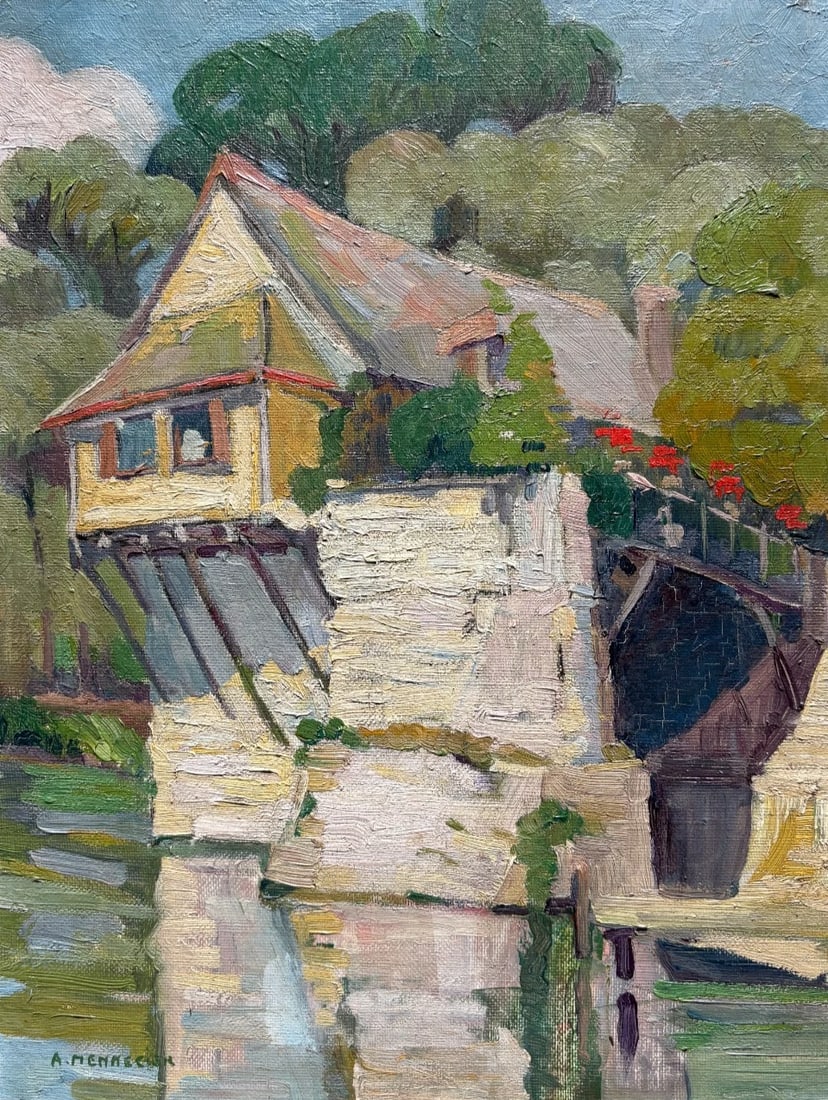 Antique Original Painting Landscape, House, River, Forest signed (1 of 8)