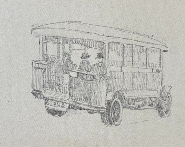 Antique Drawing Original Bus, Transportation, People signed Artwork: Title: Antique Drawing Original Bus, Transportation, People signed Artwork Description: Pencil on paper 14.5 x 9.5 cm stains All our artworks are packaged to a very high standard, using protective cel