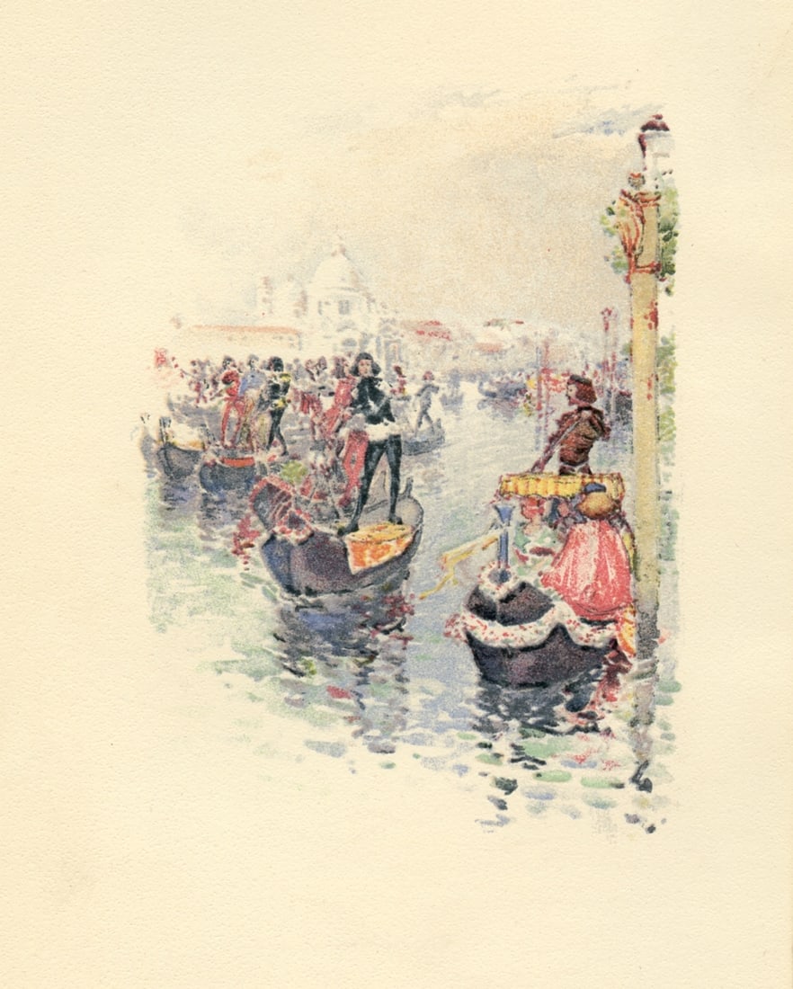 Childe Hassam chromolithograph "A Regatta" | Venice: Medium: chromolithograph (after the watercolor). This delightful antique lithograph was published in a small edition in 1892 to illustrate a rare volume with scenes of Venetian life. A beautiful, rich