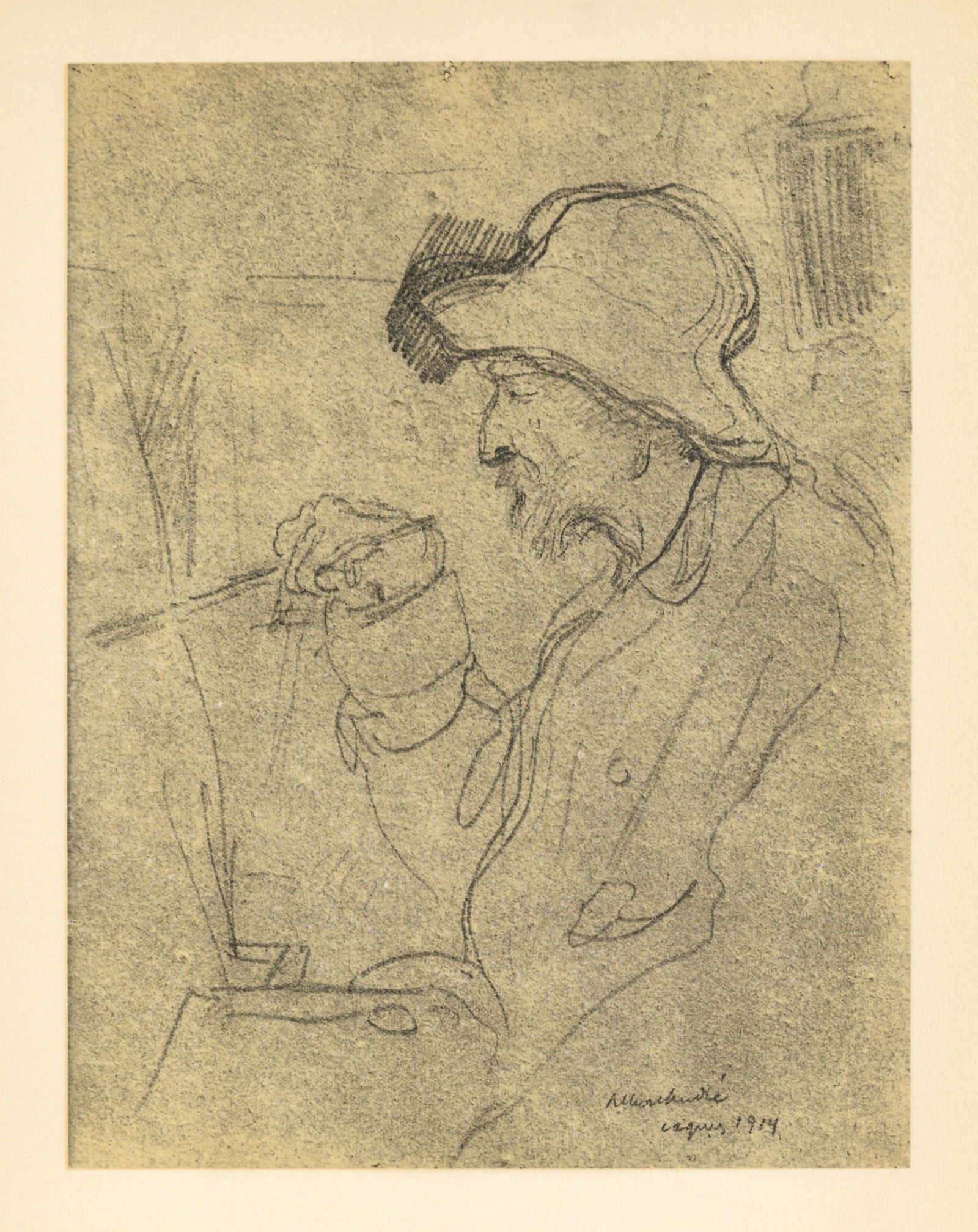Portrait of Renoir by Albert Andre: Medium: lithograph (after the pencil drawing). This composition was executed by the artist Albert Andre (1869-1954) and is a fascinating portrait of Impressionist master Renoir at work. Printed by Mou