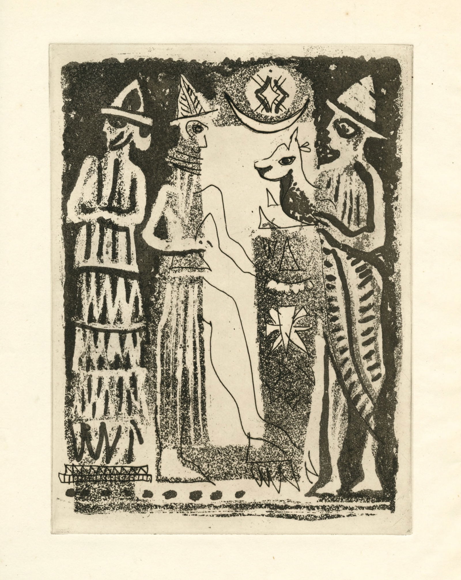 John Piper original aquatint "Figures from a Seal": Medium: original etching and aquatint. Printed in 1955 and published in New York by Curt Valentin. Plate size: 8 1/4 x 6 1/8 inches (212 x 156 mm). Sheet size: 12 x 9 3/8 inches (307 x 238 mm). Not si