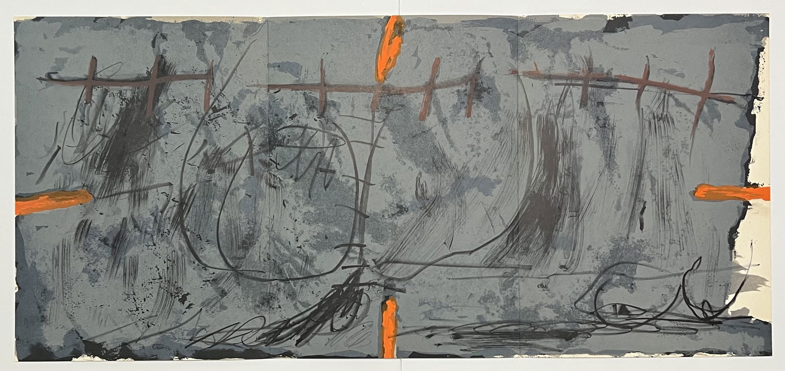 Antoni Tapies large original lithograph, 1967: Medium: original lithograph. Printed in 1967 for the art revue Derriere le Miroir (issue number 168) and published in Paris by Maeght. Size: 15 x 33 inches (378 x 837 mm). This work was issued as a fo