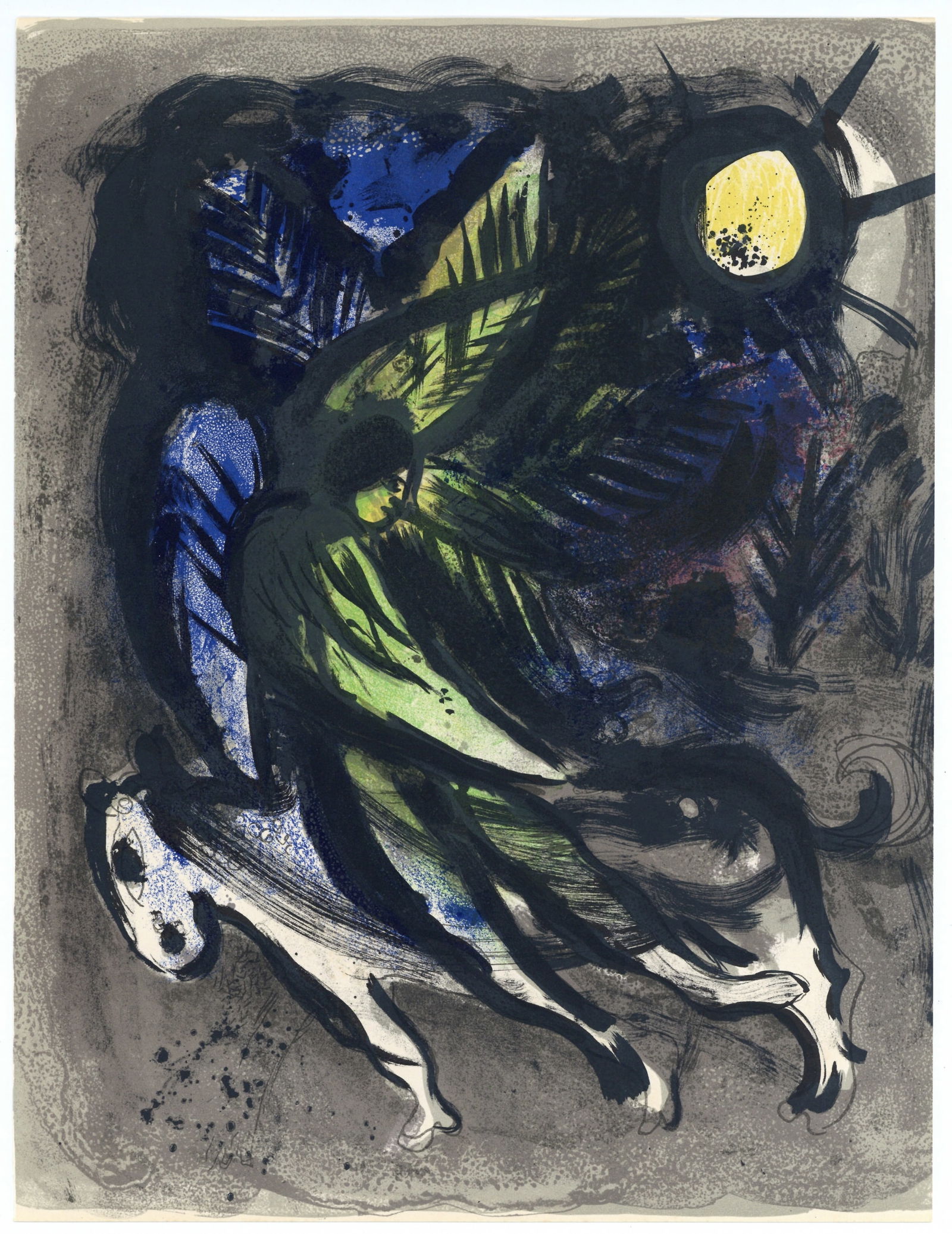 Marc Chagall "The Angel" original lithograph: Medium: original lithograph. Executed for the "Chagall Lithographe I" catalogue and printed in Paris in 1960 by the atelier of Fernand Mourlot (reference: Mourlot 288). The sheet measures 12 1/2 x 9 1
