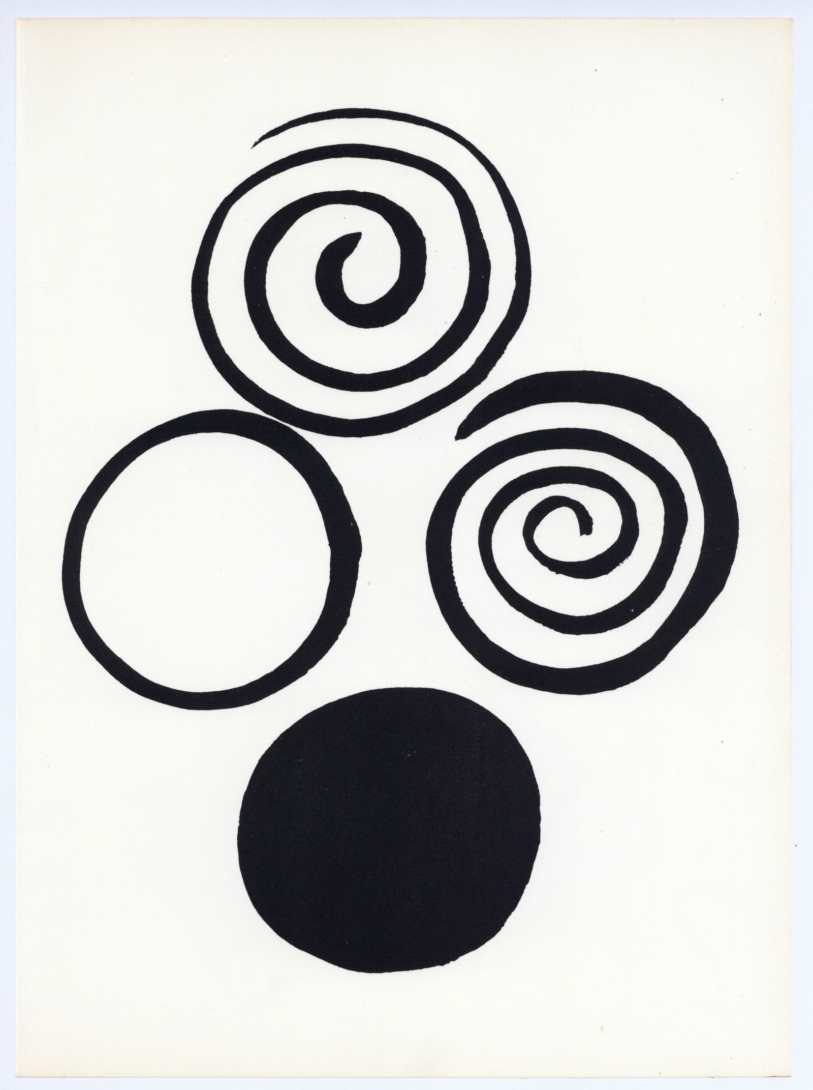Alexander Calder lithograph, 1965: Medium: lithograph. A nice impression printed on laid paper, from a rare 1965 exhibition catalogue published by the Musee National d'Art Moderne of Paris. Size: 12 1/2 x 9 1/4 inches (320 x 234 mm). N