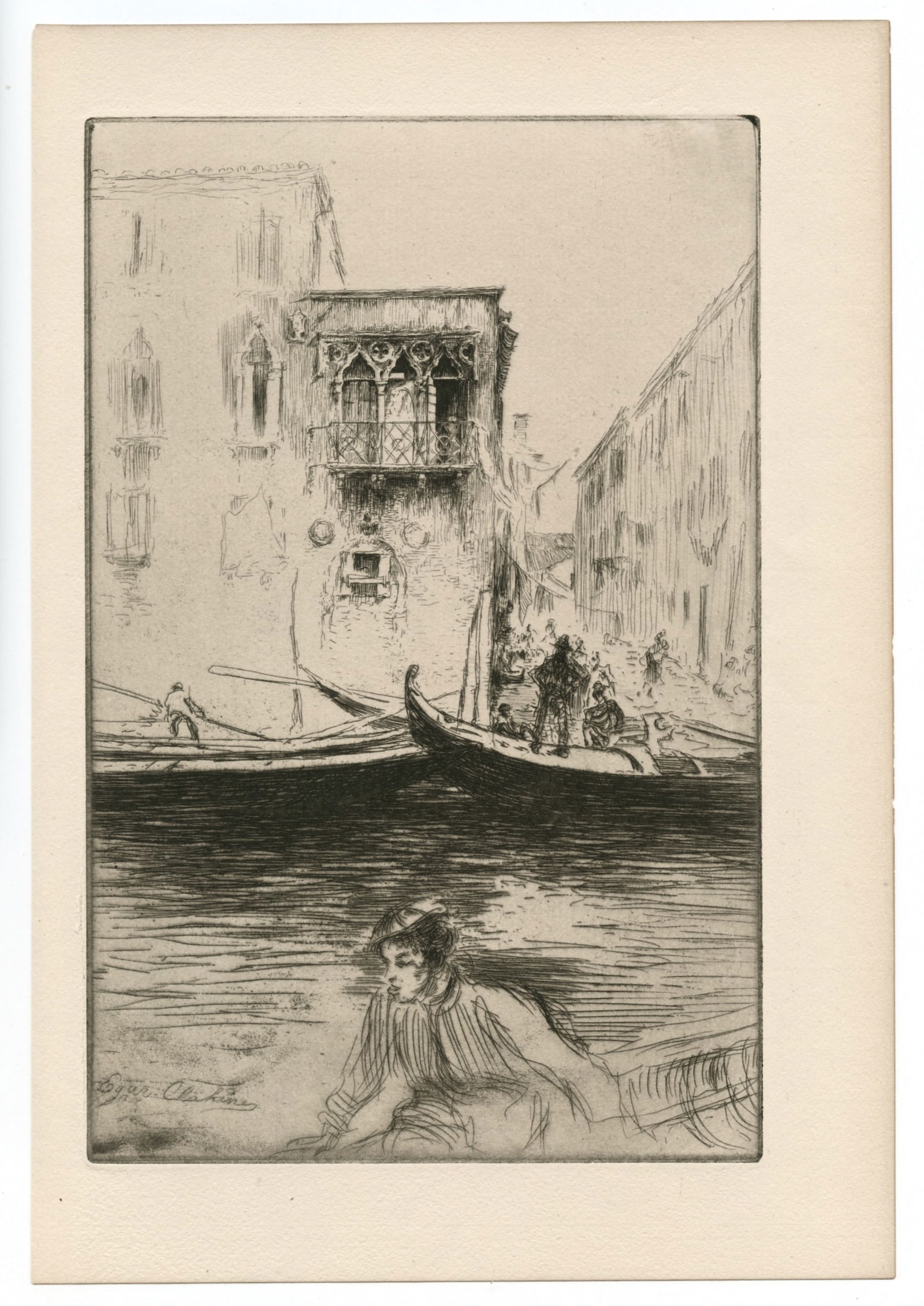 Edgar Chahine "Rio Ca Foscari, Venice" original etching: Medium: original etching. Catalogue reference: Tabanelli 220. This impression on watermarked laid paper was printed in 1906 and published by Gazette des Beaux Arts. Plate size: 8 5/8 x 5 5/8 inches (2
