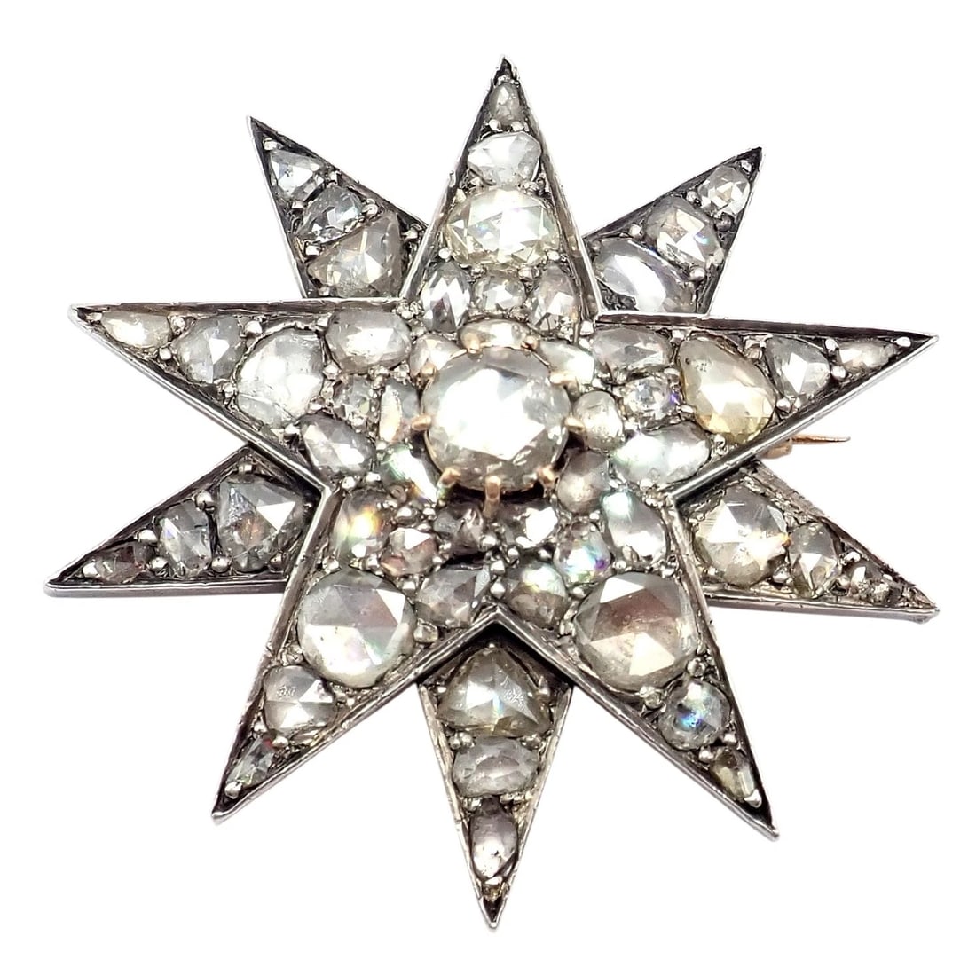 Antique 18k Gold + Silver Georgian Rose Cut Diamond Star Pin Brooch 1800's: Antique 18k Gold + Silver Georgian Rose Cut Diamond Star Pin Brooch 1800's Reserve: $22,000.00 Shipping: Domestic: Flat-rate of $35.00 to anywhere within the contiguous U.S. International: Foreign shi