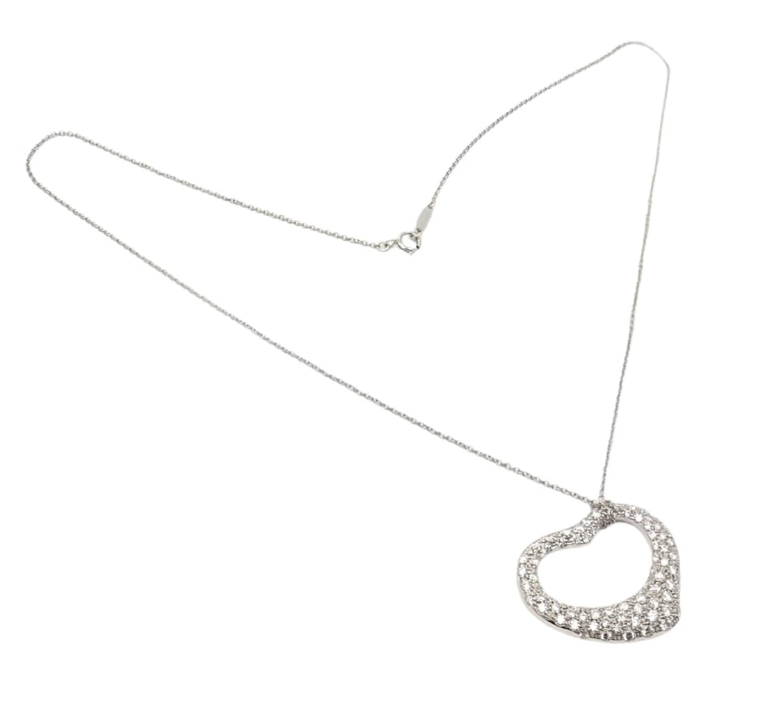 Authentic! Tiffany & Co Elsa Peretti Platinum Diamond Large Open Heart Necklace: Authentic! Tiffany & Co Elsa Peretti Platinum Diamond Large Open Heart Necklace About This Piece: Retail Price: $26,000 plus tax. Metal: Platinum Measurements: Chain Length 17" Pendant: 27mm x 25mm We