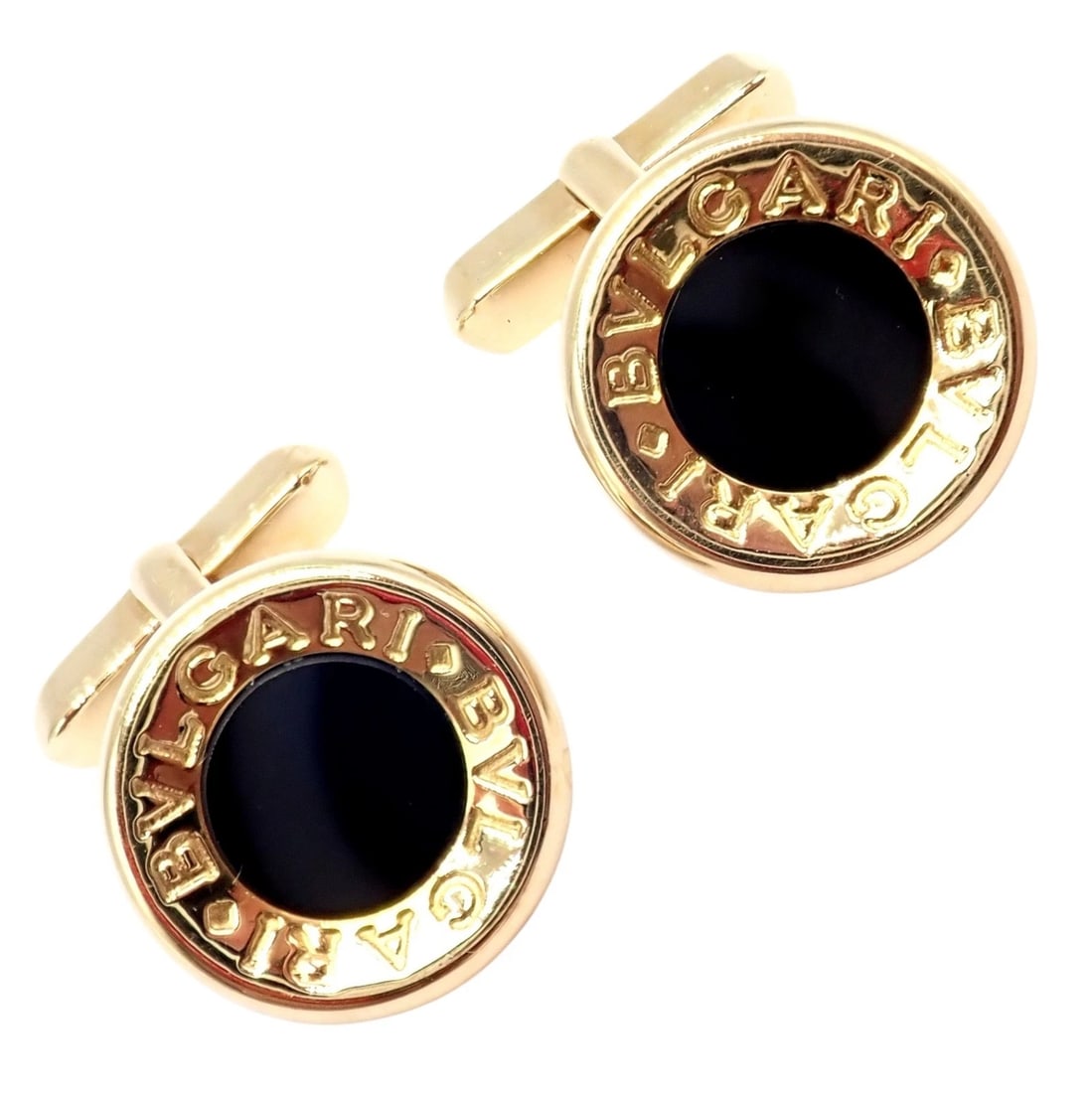 Authentic! Bulgari Bvlgari 18k Yellow Gold Black Onyx Large Cufflinks: Authentic! Bulgari Bvlgari 18k Yellow Gold Black Onyx Large Cufflinks Reserve: $4,000.00 Shipping: Domestic: Flat-rate of $35.00 to anywhere within the contiguous U.S. International: Foreign shipping