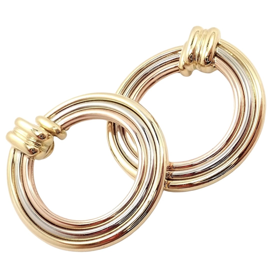 Authentic! Cartier 18k Tri-Color Gold Large Trinity Hoop Earrings: Authentic! Cartier 18k Tri-Color Gold Large Trinity Hoop Earrings About This Piece: These earrings come with Cartier box. Metal: 18k Tri-Color Gold Measurements: 30mm x 31mm Weight: 15.4 grams ***** T