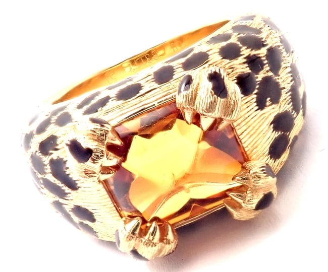 Rare! Authentic Christian Dior Leopard 18k Yellow Gold Citrine Enamel Ring Cert: Rare! Authentic Christian Dior Leopard 18k Yellow Gold Citrine Enamel Ring Cert About This Piece: About Christian Dior Jewelry: Towards the end of last century, fine jewelry was missing the whimsical