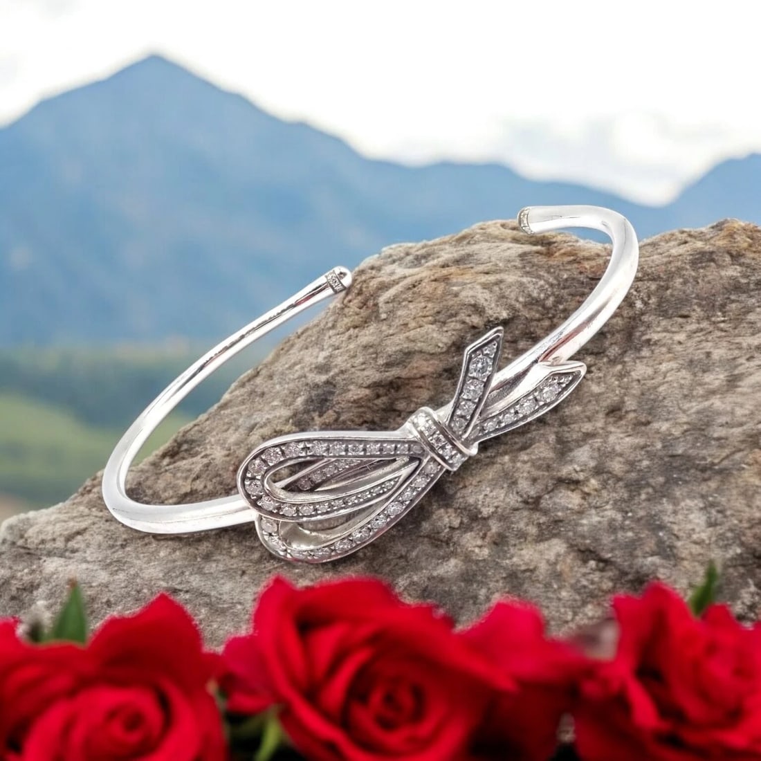 Authentic! Tiffany & Co 18k White Gold Diamond Bow Ribbon Bangle Cuff Bracelet: Authentic! Tiffany & Co 18k White Gold Diamond Bow Ribbon Bangle Cuff Bracelet About This Piece: Exquisitely crafted by Tiffany & Co., this 18k white gold cuff radiates timeless elegance. A delicate b