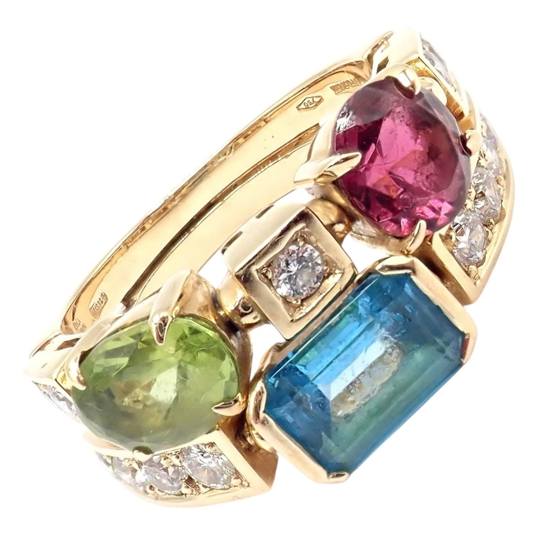 Bulgari Bulgari Allegra 18k Gold Diamond Peridot Tourmaline Band Ring: Bulgari Bulgari Allegra 18k Gold Diamond Peridot Tourmaline Band Ring Reserve: $6,000.00 Shipping: Domestic: Flat-rate of $35.00 to anywhere within the contiguous U.S. International: Foreign shipping