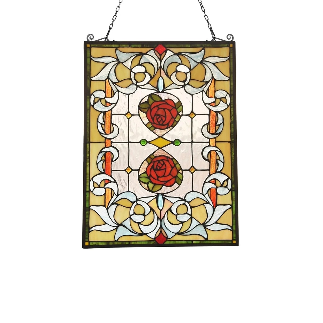 24.6" Stained Glass Window Hanging Panel Suncatcher: 24.6" (H) x 17.7" (W) Such a wonderful reproduction stained glass window panel. This panel is a true testament to the beauty and craftsmanship of stained glass art, and it is the perfect addition to a