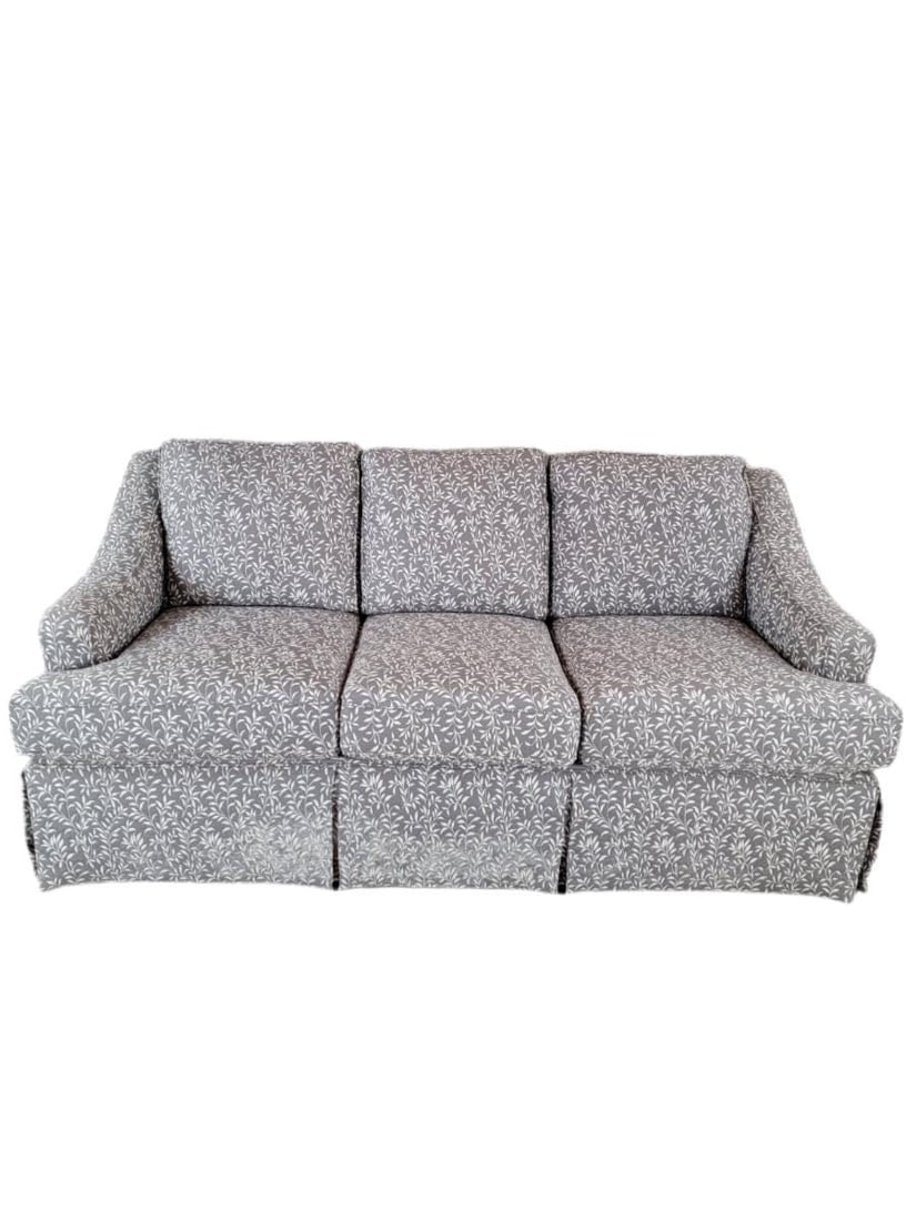 Vintage Contemporary Gray Leaf Print Fabric Sofa and Loveseat Set: Title: Vintage Contemporary Gray Leaf Print Fabric Sofa and Loveseat Set Description: Vintage Contemporary Gray Leaf Print Fabric Upholstered Sofa and Loveseat Set Circa 20th Century Dimensions : Love