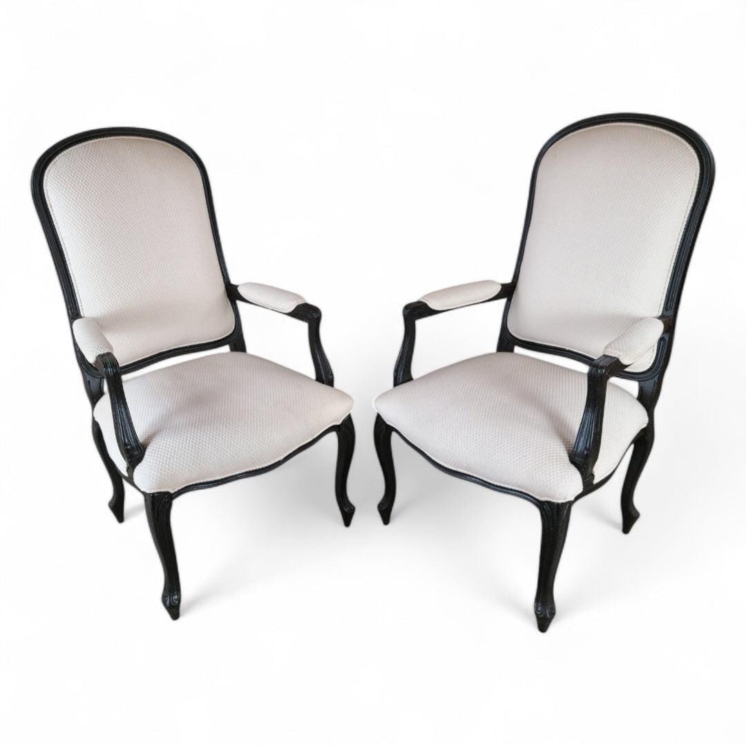 Vintage Contemporary Distressed Ebonized High Back Upholstered Armchairs - Pair: Title: Vintage Contemporary Distressed Ebonized High Back Upholstered Armchairs - Pair Description: Vintage Contemporary Distressed Ebonized Wood High bBack Upholstered Armchairs - Pair Circa 20th Cen