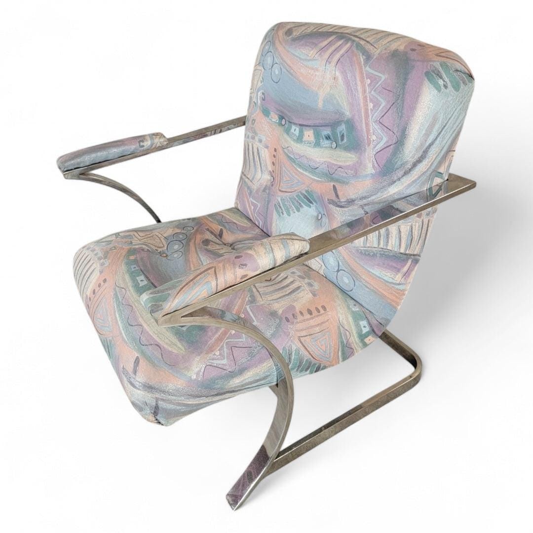 Postmodern Chrome Flat Bar Scoop Chair in Retro Fabric: Title: Postmodern Chrome Flat Bar Scoop Chair in Retro Fabric Description: Postmodern Chrome Flat Bar Original Retro Patterned Upholstered Scoop Chair Circa 20th Century Dimensions:30"H x 26.7"W x 28"