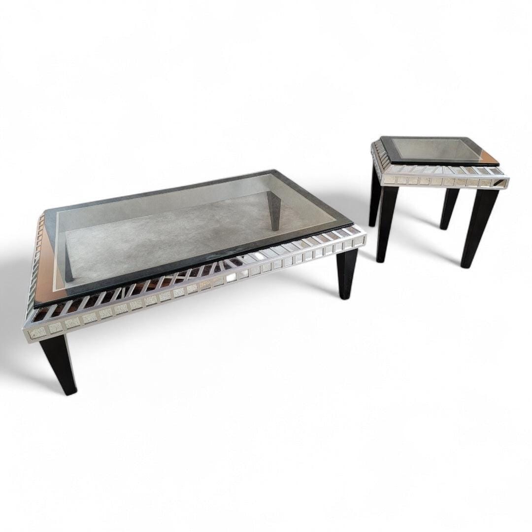 Vintage Modern Ebonized Wood and Silver with Mirrored Trim Glass Top Coffee Table Set: Title: Vintage Modern Ebonized Wood and Silver with Mirrored Trim Glass Top Coffee Table Set Description: Vintage Modern Ebonized Wood & Silver with Mirrored Trim Glass Top Rectangular Coffee and