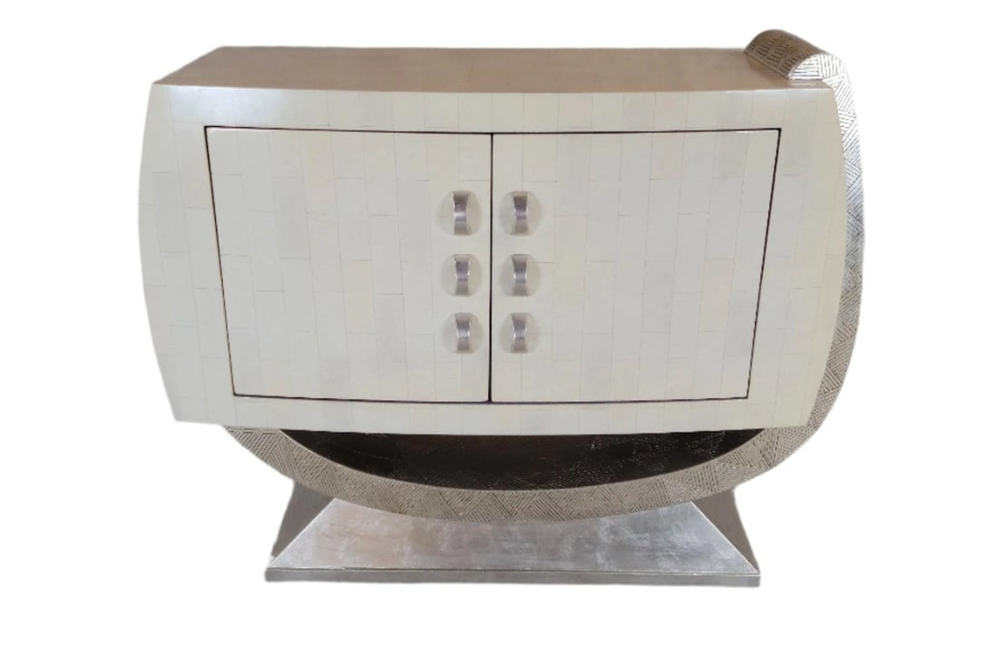 Postmodern Tessellated Bone & Silver Sculptural Artmax Credenza: Title: Postmodern Tessellated Bone & Silver Sculptural Artmax Credenza Description: Postmodern Tessellated Bone & Silver Sculptural 2 Door Artmax Credenza Circa 20th Century Dimensions: H 39.5" W