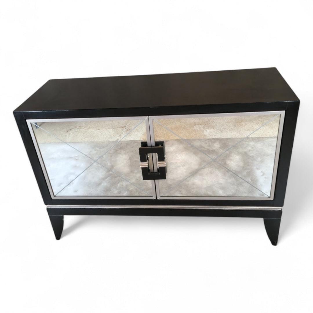 Vintage Contemporary Deco Style Ebonized Wood Credenza By Artmax: Title: Vintage Contemporary Deco Style Ebonized Wood Credenza By Artmax Description: Vintage Contemporary Deco Style Ebonized Wood 2 Mirrored Door Credenza By Artmax Circa 20th Century Dimensions : H