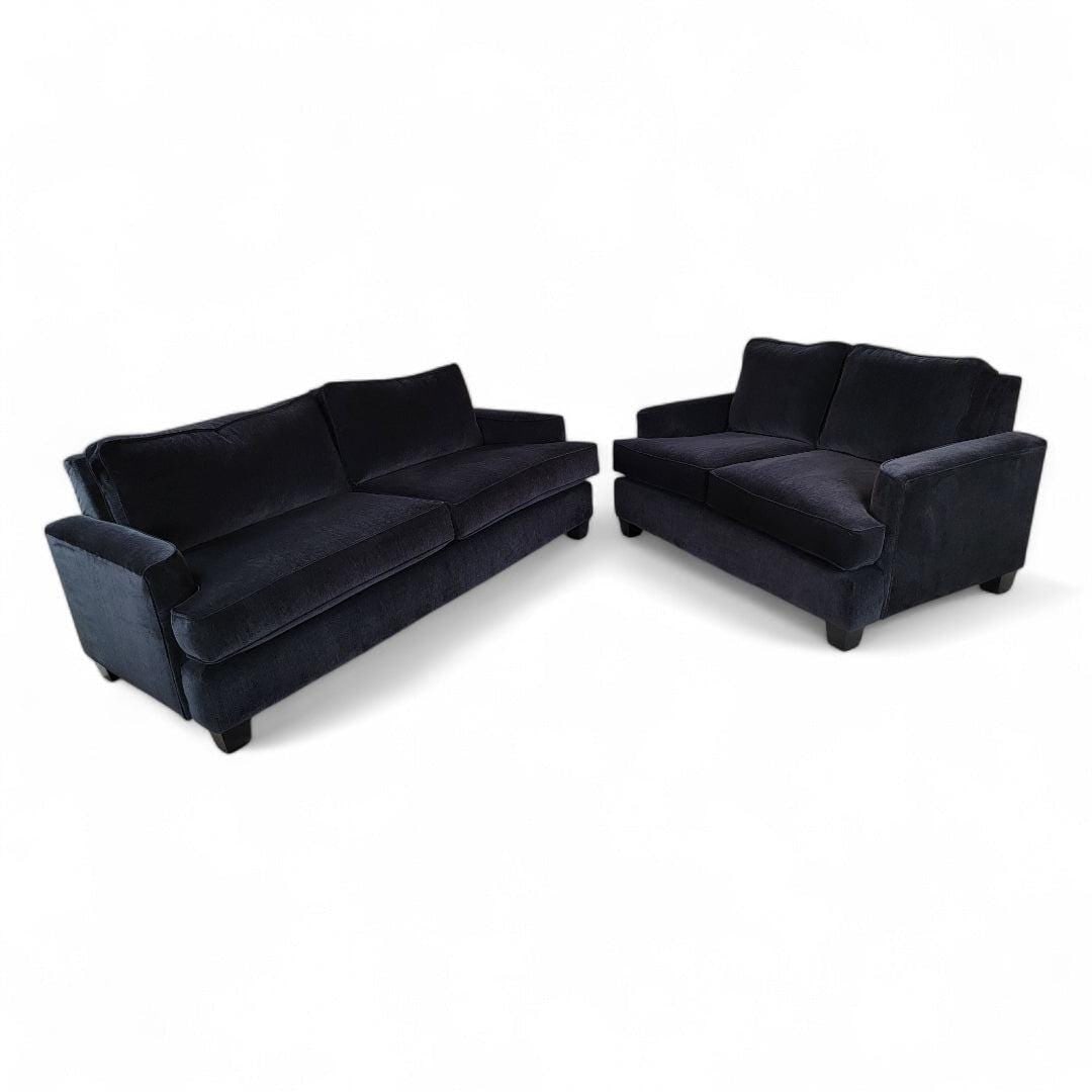 Vintage Contemporary Black Velvet Sofa & Loveseat Set: Title: Vintage Contemporary Black Velvet Sofa & Loveseat Set Description: Vintage Contemporary Black Velvet Sofa & Loveseat Set Circa 20th Century Dimensions: Loveseat: 32"H x 56"W x 36"D SH: 20"H