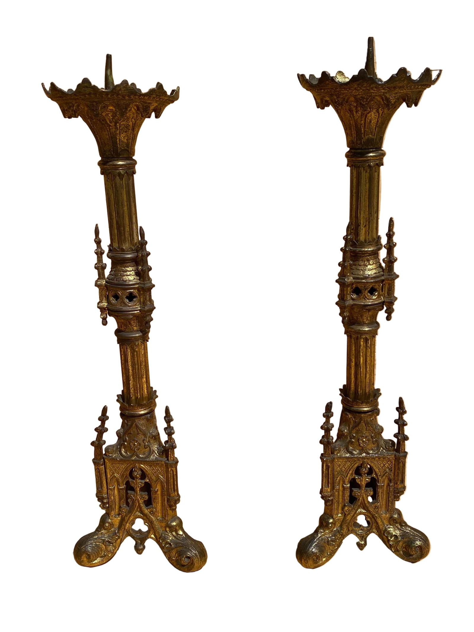 Antique French Neogothic Altar Torchère Candlestick Set: Title: Antique French Neogothic Altar Torchère Candlestick Set Description: Antique French Neogothic Altar Torchère Candlestick Set w/ Architectural Elements & Patina Decorate your mantl