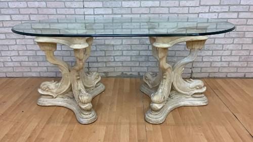 Hollywood Regency Asian Koi Dragon Fish Glass Top Console Table: Title: Hollywood Regency Asian Koi Dragon Fish Glass Top Console Table Description: Hollywood Regency Asian Koi Dragon Fish Glass Top Console Table Unique sculptural console table with a glass top sit