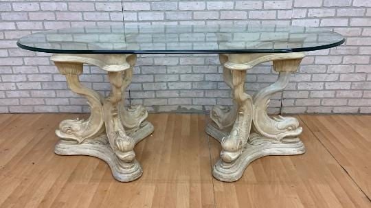 Hollywood Regency Asian Koi Dragon Fish Glass Top Console Table - 2