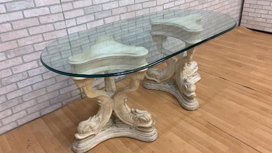 Hollywood Regency Asian Koi Dragon Fish Glass Top Console Table - 3