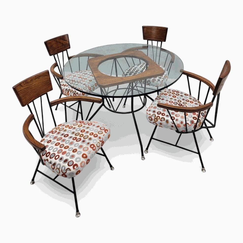 Mid Century Atomic Space Age Captain Chairs Pedestal Table by Selrite: Title: Mid Century Atomic Space Age Captain Chairs Pedestal Table by Selrite Description: Mid Century Modern Atomic Space Age Richard McCarthy for Selrite Forged Wrought-Iron and Oak Captain Chairs &a