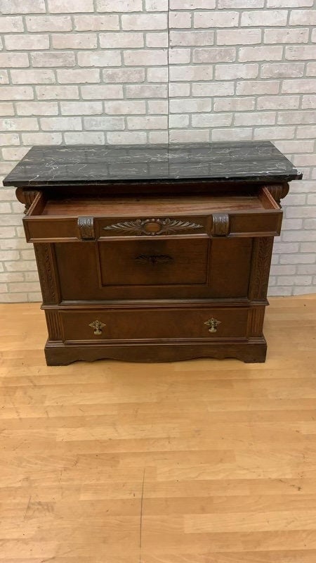 Vintage French Server Buffet with Marble and Drop Down Drawer Storage - 2