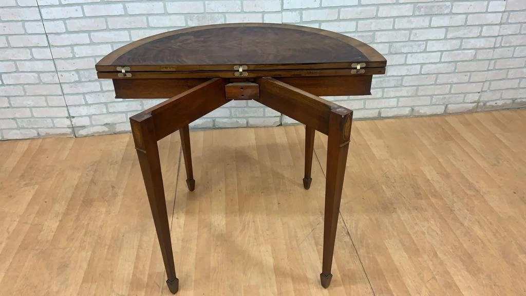 Vintage Inlay Flame Mahogany Table with Folding Demi Lune Console - 8