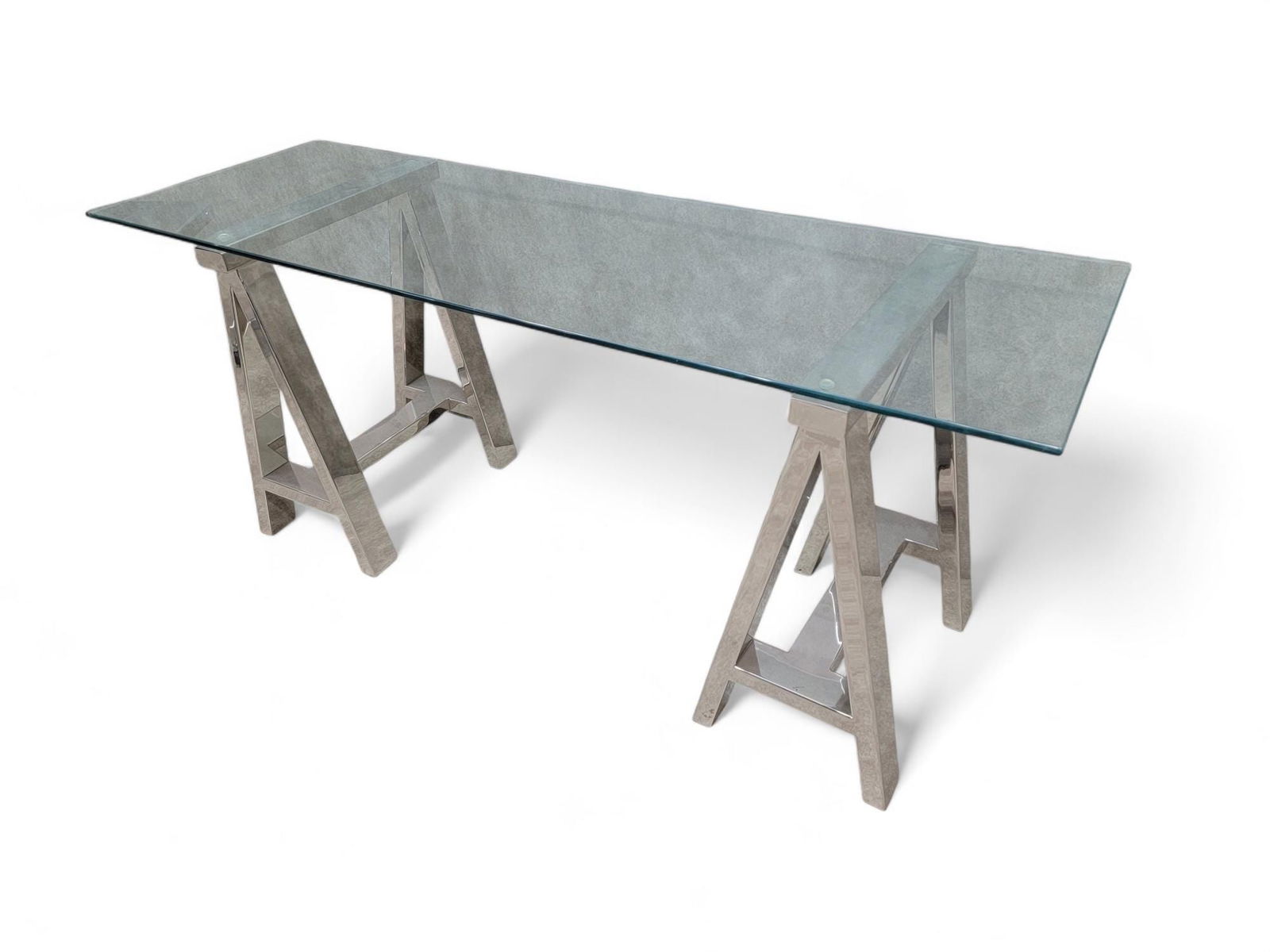 Vintage Contemporary Chrome Sawhorse Adjustable Table/Desk with Glass Top: Title: Vintage Contemporary Chrome Sawhorse Adjustable Table/Desk with Glass Top Description: Vintage Contemporary Chrome Sawhorse Adjustable Table/Desk with Glass Top This table is perfect for making