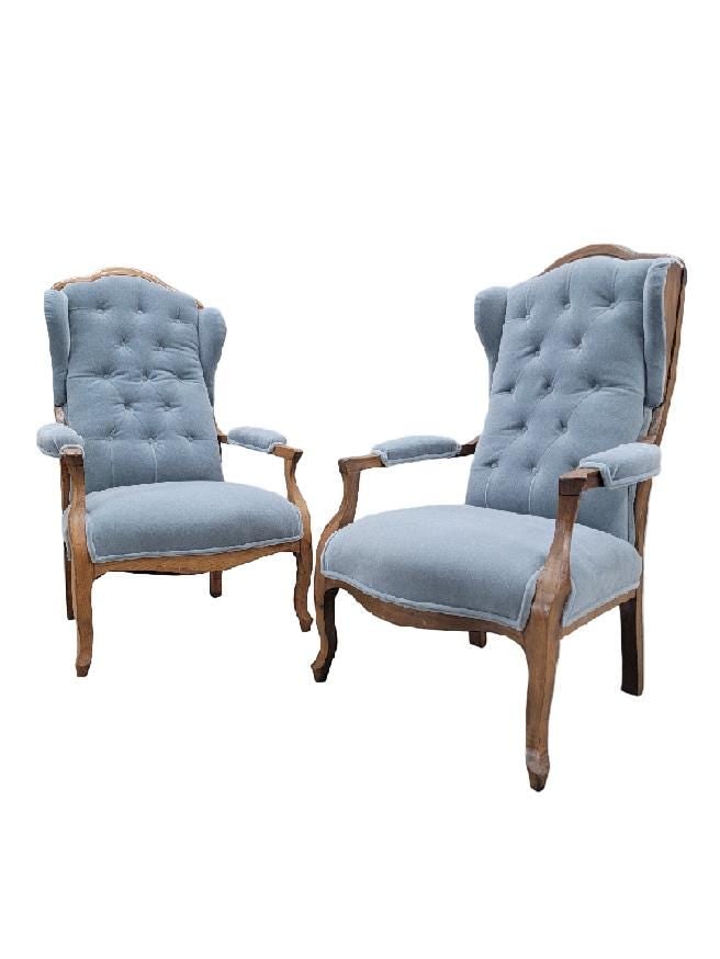 Vintage French Country Style Tufted Back Wingback Chairs Newly Reupholstered in Mohair - Pair - 2