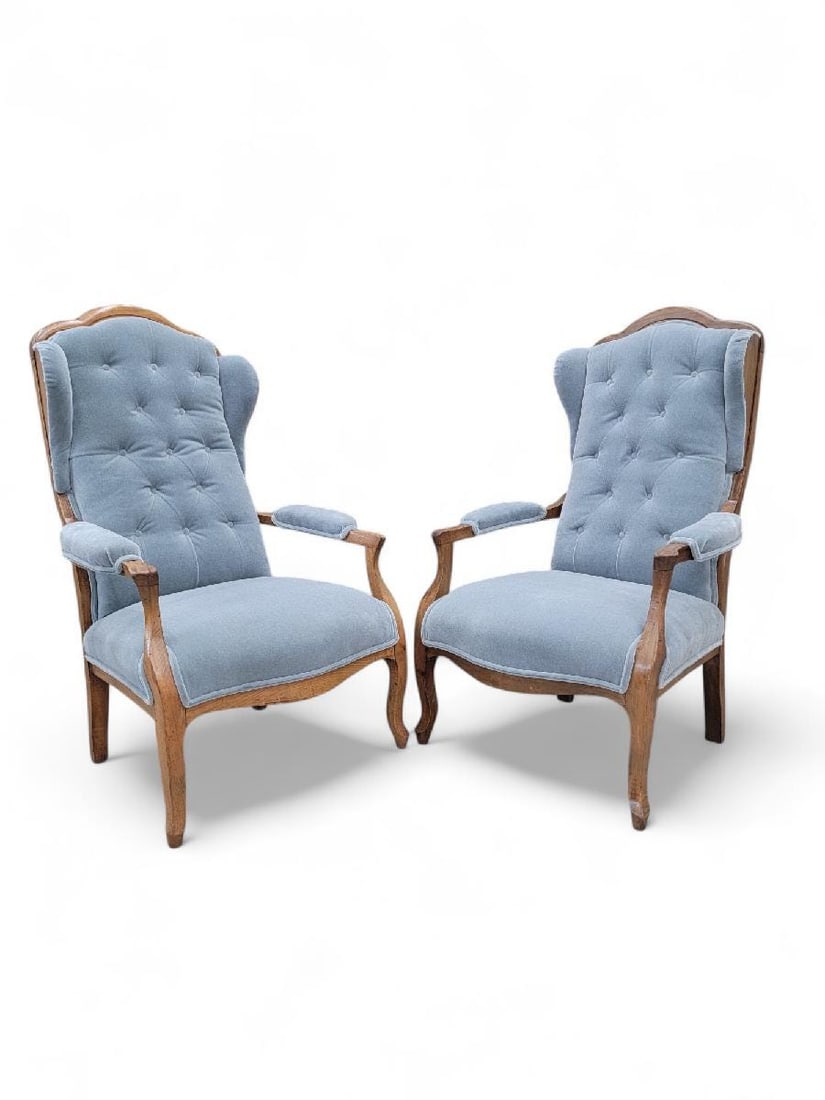 Vintage French Country Style Tufted Back Wingback Chairs Newly Reupholstered in Mohair - Pair - 6