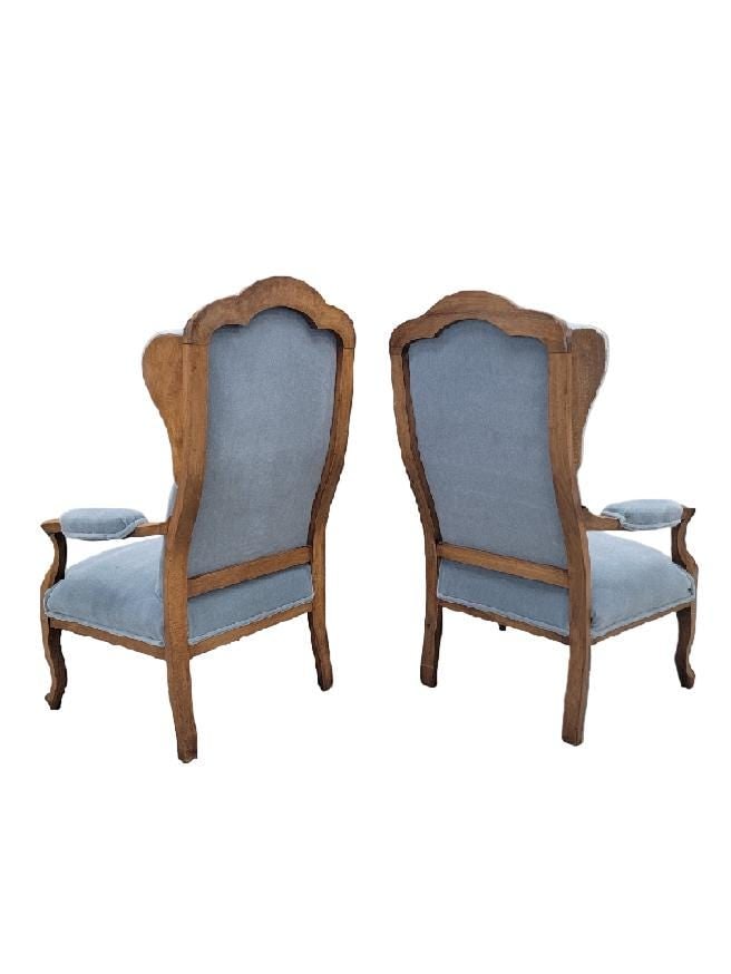 Vintage French Country Style Tufted Back Wingback Chairs Newly Reupholstered in Mohair - Pair - 8