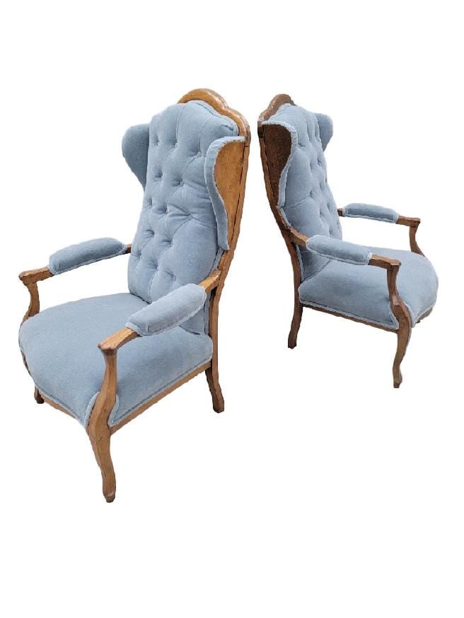 Vintage French Country Style Tufted Back Wingback Chairs Newly Reupholstered in Mohair - Pair - 9