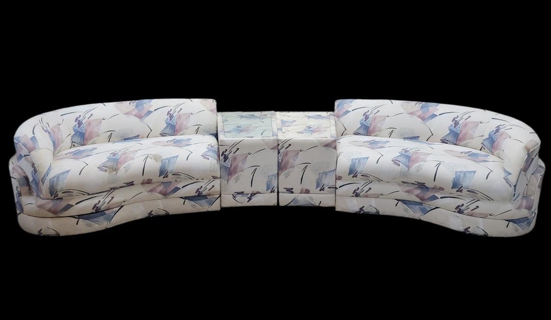 Postmodern Kagan Style Curved Sectional Sofa with 2 Side Tables: Title: Postmodern Kagan Style Curved Sectional Sofa with 2 Side Tables Description: Overall width: 123 inches Overall height: 27.5 inches Overall depth: 36 inches Vintage Postmodern Kagan Style Curved