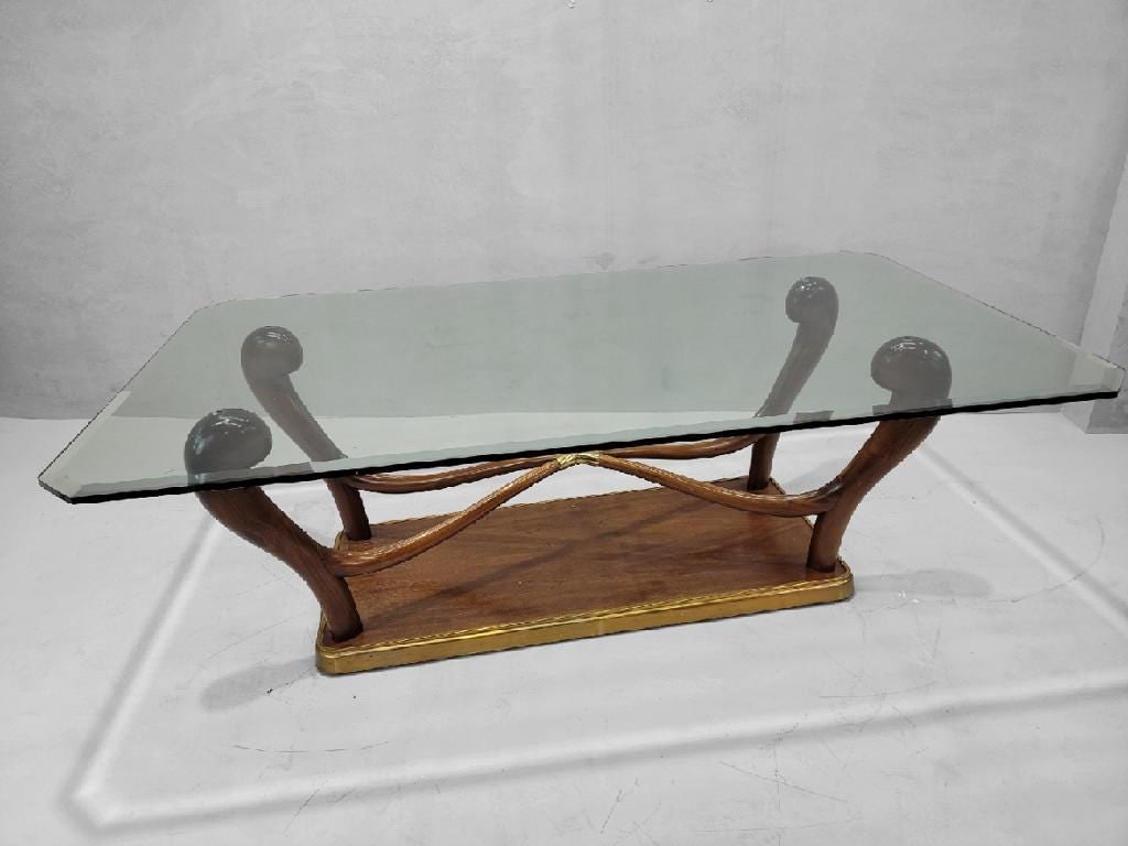 Italian Art Deco Paolo Buffa Sculptural Scrolled Walnut & Brass Pedestal Base Dining Table - 2