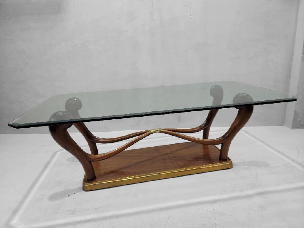Italian Art Deco Paolo Buffa Sculptural Scrolled Walnut & Brass Pedestal Base Dining Table - 3