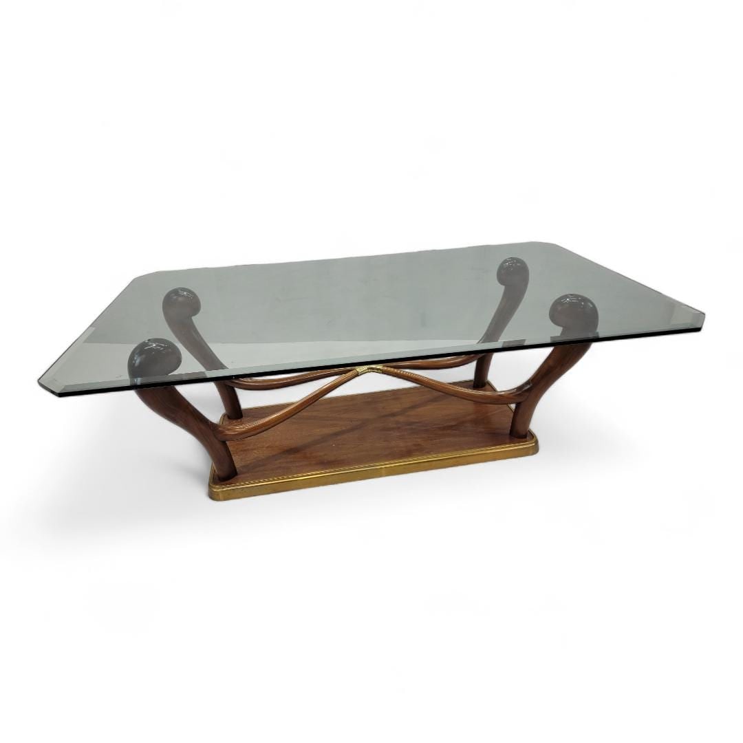 Italian Art Deco Paolo Buffa Sculptural Scrolled Walnut & Brass Pedestal Base Dining Table - 6