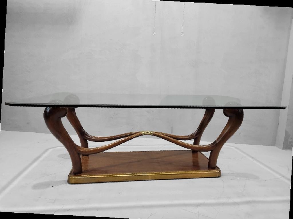 Italian Art Deco Paolo Buffa Sculptural Scrolled Walnut & Brass Pedestal Base Dining Table - 7