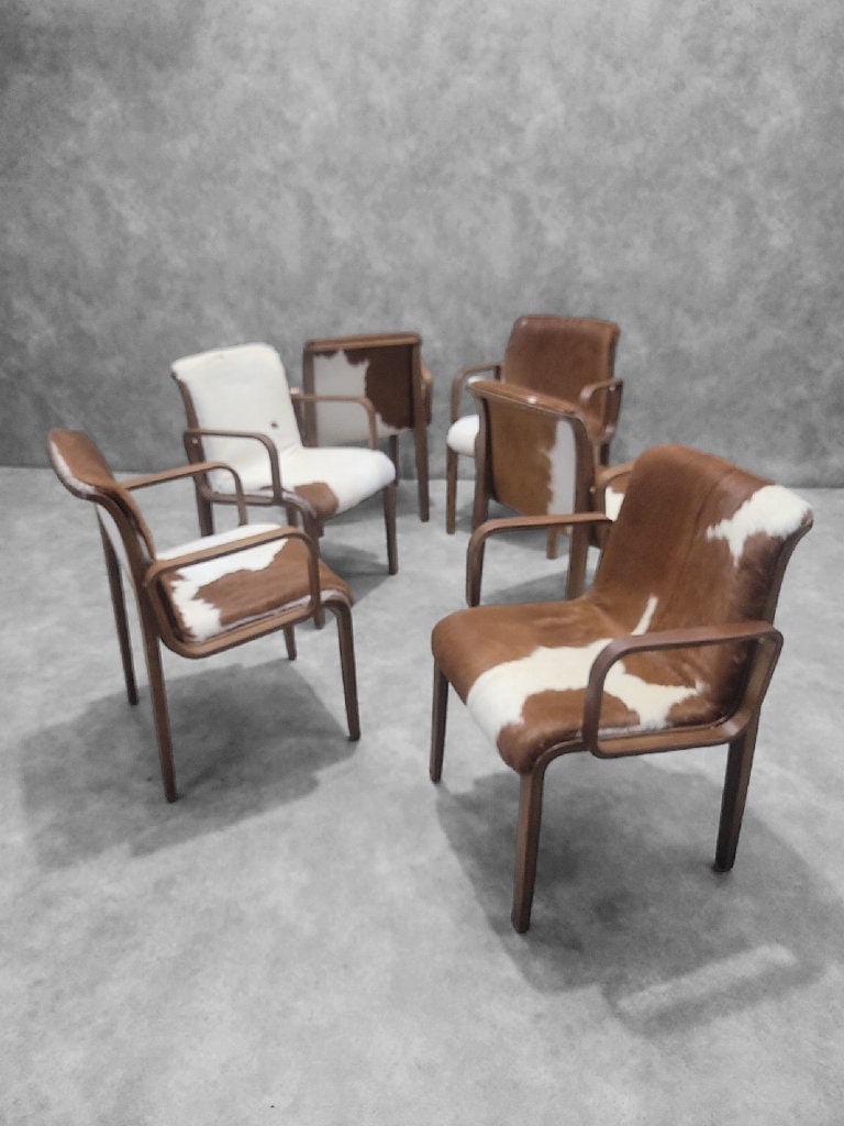 Mid-Century Modern Bill Stephens Walnut Cowhide Armchairs for Knoll - Set of 6 - 3