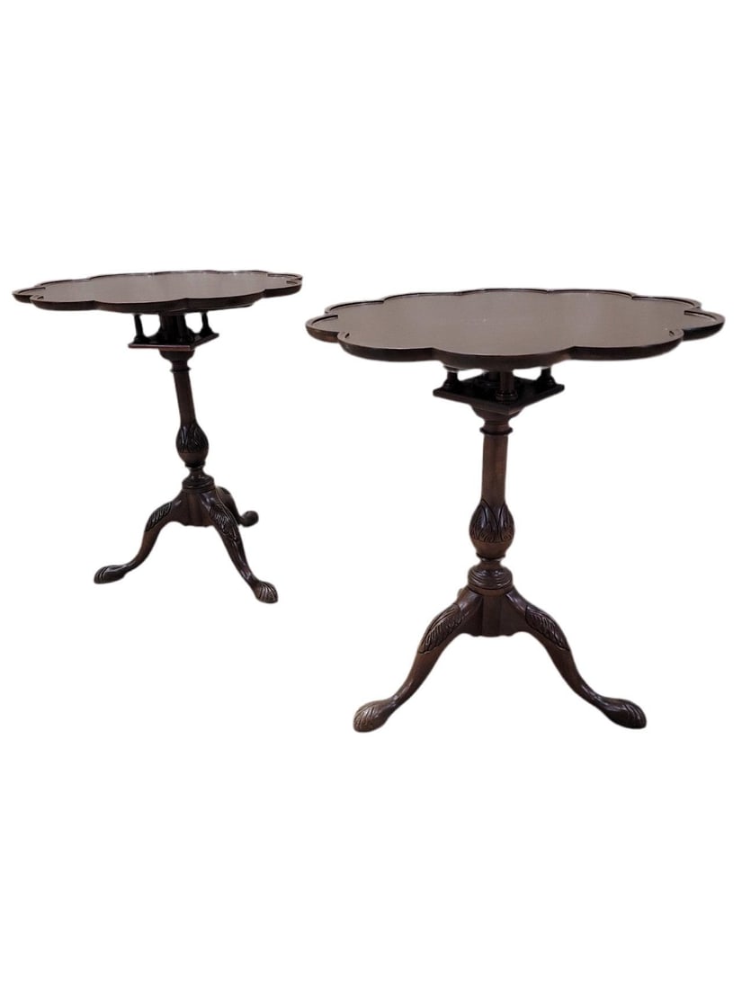 Vintage Baker Furniture Historic Charleston Carved Chippendale Mahogany Pie Crust Tilt Top Table -: Title: Vintage Baker Furniture Historic Charleston Carved Chippendale Mahogany Pie Crust Tilt Top Table - Pair Description: Depth: 25 inches Height: 29 inches Width: 25 inches Vintage Baker Furniture