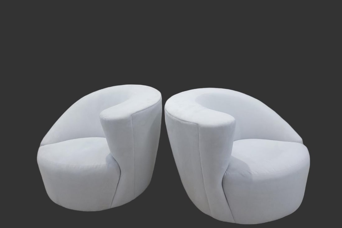 Mid Century Modern Vladimir Kagan Nautilus Asymmetrical Swivel Lounge Chairs in Light Blue Suede -: Title: Mid Century Modern Vladimir Kagan Nautilus Asymmetrical Swivel Lounge Chairs in Light Blue Suede - Pair Description: Overall width: 36 inches Overall height: 29 inches Overall depth: 35.5 inche