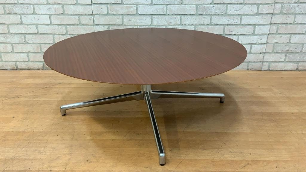 Mid Century Modern Herman Miller Style Round Wood Coffee Table with Chrome Legs - 3