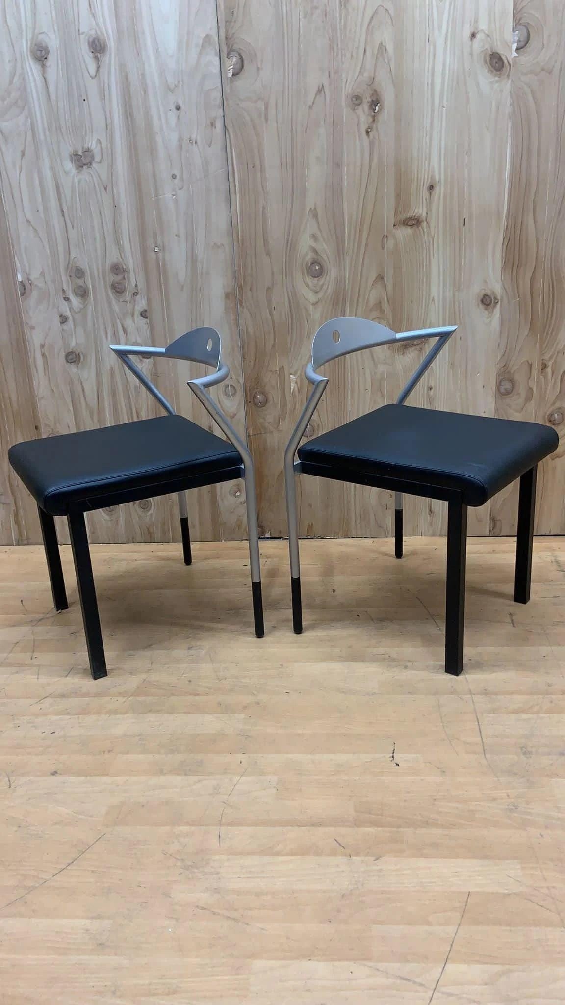 Vintage Space Age Italian Black Leather Side Chairs - Set of 7 - 2