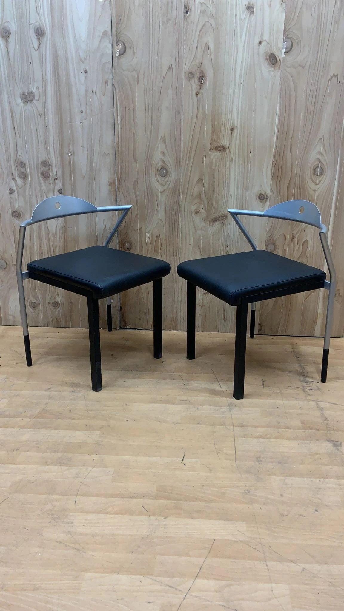 Vintage Space Age Italian Black Leather Side Chairs - Set of 7 - 4