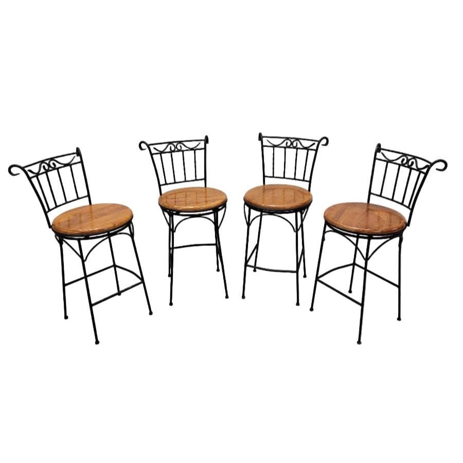 French Country Style Wrought-Iron and Wood Swivel Bar Stools - Set of 4