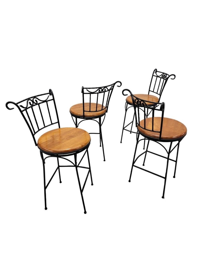 French Country Style Wrought-Iron and Wood Swivel Bar Stools - Set of 4 - 2