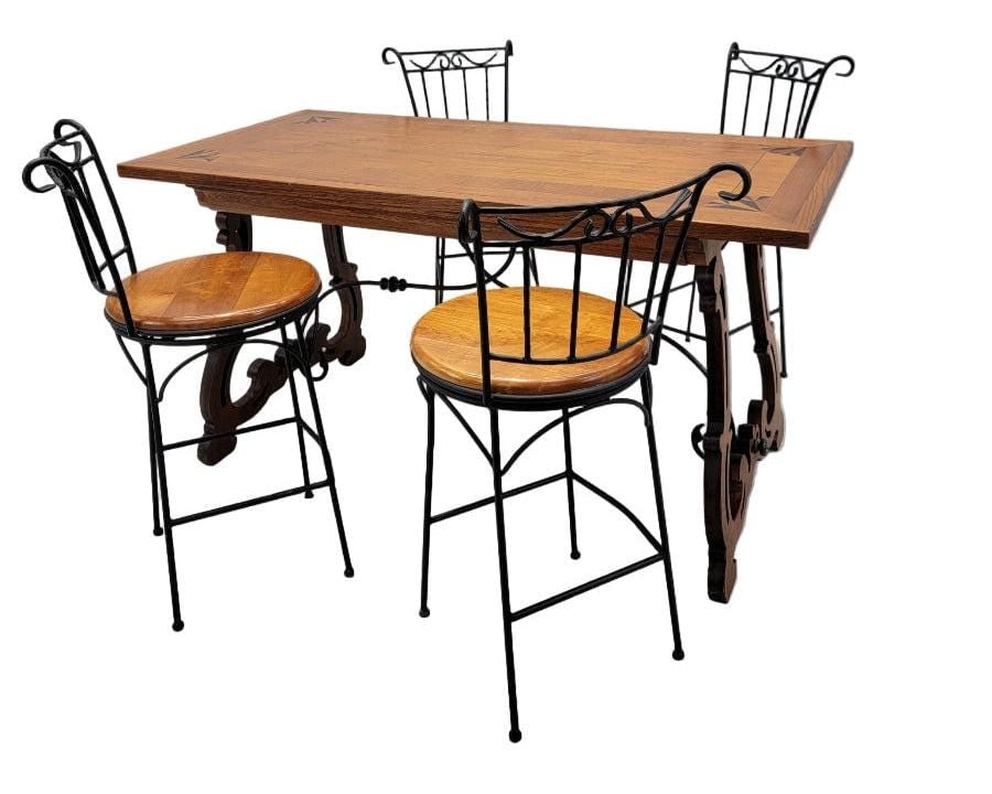 French Country Style Wrought-Iron and Wood Swivel Bar Stools - Set of 4 - 7